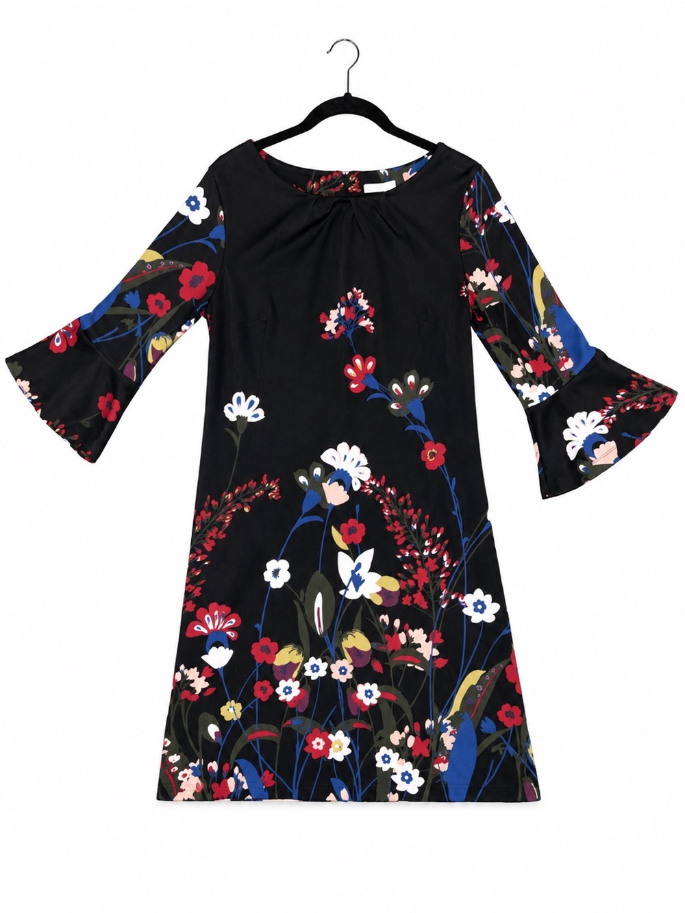 New York & Company Black Floral Mini Dress with Bell Sleeves